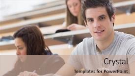  Presentation with book and pen - Presentation consisting of academic writing - student looking up from lecture background and a  colored foreground