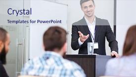  Presentation with speaker - Amazing PPT theme having academy - cheerful speaker standing backdrop and a sky blue colored foreground