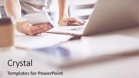  Presentation with mobile phone in woman hand - PPT theme featuring academy - woman use of mobile phone background and a light gray colored foreground