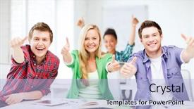  Presentation with students - Slide deck having admission - education concept - happy team background and a light blue colored foreground