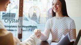  Presentation with interview - PPT layouts featuring female agent greeting new candidate background and a light blue colored foreground