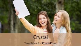  Presentation with exam results - Beautiful slide deck featuring girls celebrating successful exam results backdrop and a tawny brown colored foreground