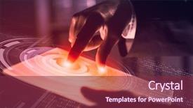  Presentation with control panel - PPT layouts consisting of access control - businessman pressing modern technology panel background and a violet colored foreground