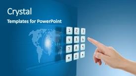  Presentation with touch screen - PPT theme with access control - hand pushing touch screen button background and a ocean colored foreground