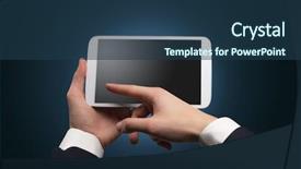  Presentation with empty of wood table top - Presentation enhanced with access control - hand using tablet with no background and a ocean colored foreground