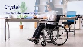 Presentation with office chair - Presentation theme featuring access paperwork - female employee in wheel-chair background and a sky blue colored foreground