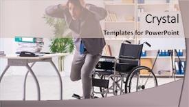  Presentation with employee anniversary work office - Audience pleasing slides consisting of access paperwork - young handsome employee in wheelchair backdrop and a soft green colored foreground