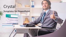  Presentation with employee anniversary work office - Theme having access paperwork - young handsome employee in wheelchair background and a  colored foreground