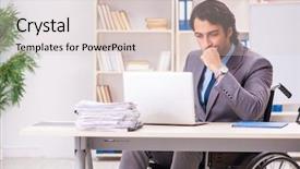  Presentation with employee anniversary work office - PPT layouts enhanced with access paperwork - young handsome employee in wheelchair background and a  colored foreground