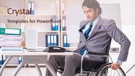  Presentation with wheelchair - Amazing PPT theme having access paperwork - young handsome employee in wheelchair backdrop and a  colored foreground