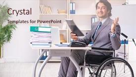  Presentation with wheelchair - Beautiful slide deck featuring access paperwork - young handsome employee in wheelchair backdrop and a  colored foreground