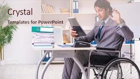  Presentation with employee anniversary work office - Presentation design enhanced with access paperwork - young handsome employee in wheelchair background and a  colored foreground