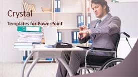  Presentation with employee anniversary work office - Presentation design featuring access paperwork - young handsome employee in wheelchair background and a  colored foreground