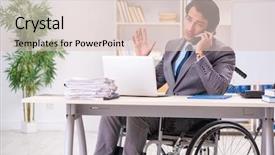  Presentation with wheelchair - Audience pleasing presentation design consisting of access paperwork - young handsome employee in wheelchair backdrop and a lemonade colored foreground