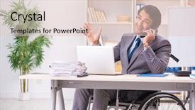  Presentation with employee anniversary work office - Beautiful PPT theme featuring access paperwork - young handsome employee in wheelchair backdrop and a lemonade colored foreground