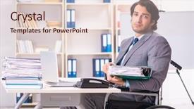  Presentation with employee anniversary work office - PPT theme having access paperwork - young handsome employee in wheelchair background and a  colored foreground