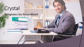  Presentation with wheelchair - Cool new PPT theme with access paperwork - young handsome employee in wheelchair backdrop and a  colored foreground