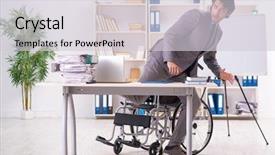  Presentation with wheelchair - Colorful presentation theme enhanced with access paperwork - young handsome employee in wheelchair backdrop and a light gray colored foreground