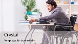  Presentation with wheelchair - Presentation theme featuring access paperwork - young handsome employee in wheelchair background and a  colored foreground