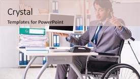  Presentation with employee anniversary work office - Beautiful slide deck featuring access paperwork - young handsome employee in wheelchair backdrop and a  colored foreground