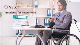  Presentation with wheelchair - Amazing PPT layouts having access paperwork - young handsome employee in wheelchair backdrop and a  colored foreground