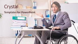  Presentation with employee anniversary work office - Audience pleasing PPT theme consisting of access paperwork - young handsome employee in wheelchair backdrop and a  colored foreground