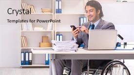  Presentation with wheelchair - Slide set with access paperwork - young handsome employee in wheelchair background and a  colored foreground