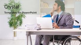  Presentation with wheelchair - Colorful presentation design enhanced with access paperwork - young handsome employee in wheelchair backdrop and a  colored foreground