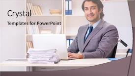  Presentation with employee anniversary work office - Audience pleasing slide set consisting of access paperwork - young handsome employee in wheelchair backdrop and a  colored foreground