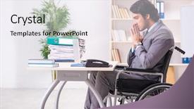  Presentation with employee anniversary work office - Presentation with access paperwork - young handsome employee in wheelchair background and a sky blue colored foreground