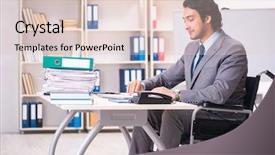  Presentation with employee anniversary work office - Presentation design with access paperwork - young handsome employee in wheelchair background and a  colored foreground