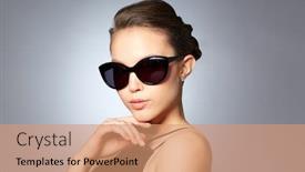  Presentation with black luxury fashion - Theme having accessories eyewear fashion people and luxury concept - beautiful young woman in elegant black sunglasses over gray background background and a coral colored foreground