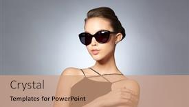  Presentation with black luxury fashion - Audience pleasing PPT theme consisting of accessories eyewear fashion people and luxury concept - beautiful young woman in elegant black sunglasses over gray background backdrop and a coral colored foreground