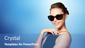  Presentation with black luxury fashion - Presentation design with accessories eyewear fashion people and luxury concept - beautiful young woman in elegant black sunglasses over blue background background and a teal colored foreground