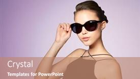  Presentation with black luxury fashion - Theme having accessories eyewear fashion people and luxury concept - beautiful young woman in elegant black sunglasses over violet background background and a coral colored foreground