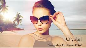  Presentation with black luxury fashion - Audience pleasing PPT layouts consisting of accessories fashion people and luxury concept - beautiful young woman in elegant black sunglasses over exotic tropical beach with palm trees background backdrop and a coral colored foreground