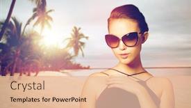  Presentation with black luxury fashion - Colorful slide set enhanced with accessories fashion people and luxury concept - beautiful young woman in elegant black sunglasses over exotic tropical beach with palm trees background backdrop and a lemonade colored foreground