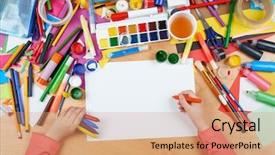  Presentation with artwork - Slide deck enhanced with accessories flat lay art tools background and a coral colored foreground