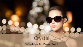  Presentation with christmas black - Theme having accessories people and luxury concept - beautiful young woman in elegant black sunglasses over christmas tree lights background background and a coral colored foreground