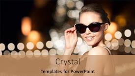  Presentation with christmas black - PPT layouts having accessories people and luxury concept - beautiful smiling young woman in elegant black sunglasses over christmas tree lights background background and a coral colored foreground