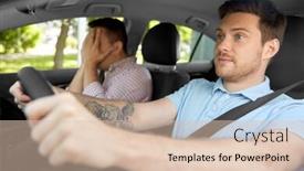  Presentation with car accident - Amazing slide set having accident emotion and fear concept - scared car driving school instructor and young male driver backdrop and a lemonade colored foreground