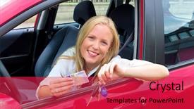  Presentation with patent license agreement licensing business - Cool new PPT theme with accident free - young woman proudly displays her backdrop and a red colored foreground