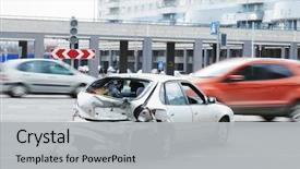  Presentation with street accident - Audience pleasing PPT theme consisting of accident on street damaged automobile backdrop and a light gray colored foreground