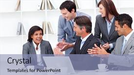  Presentation with drive team - Amazing slides having accolade - laughing businesswoman applauded by her backdrop and a light blue colored foreground