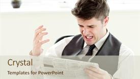  Presentation with office newspaper - Amazing PPT theme having accomplishment report - portrait of a annoyed businessman backdrop and a soft green colored foreground