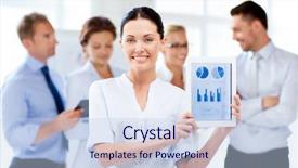  Presentation with tables and graphs - Presentation design consisting of account management - businesswoman showing tablet pc background and a sky blue colored foreground