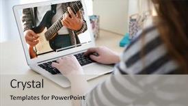  Presentation with record - Cool new PPT theme with account records - woman watching record of musical backdrop and a  colored foreground