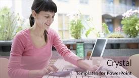  Presentation with desk - PPT theme consisting of account records - young businesswoman calculating expenses background and a coral colored foreground