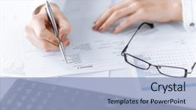  Presentation with paper - PPT theme featuring accountability - picture of woman hand filling background and a light blue colored foreground