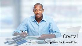  Presentation with african american in computer business - PPT theme consisting of accountant - african-american businessman over business office background and a light blue colored foreground